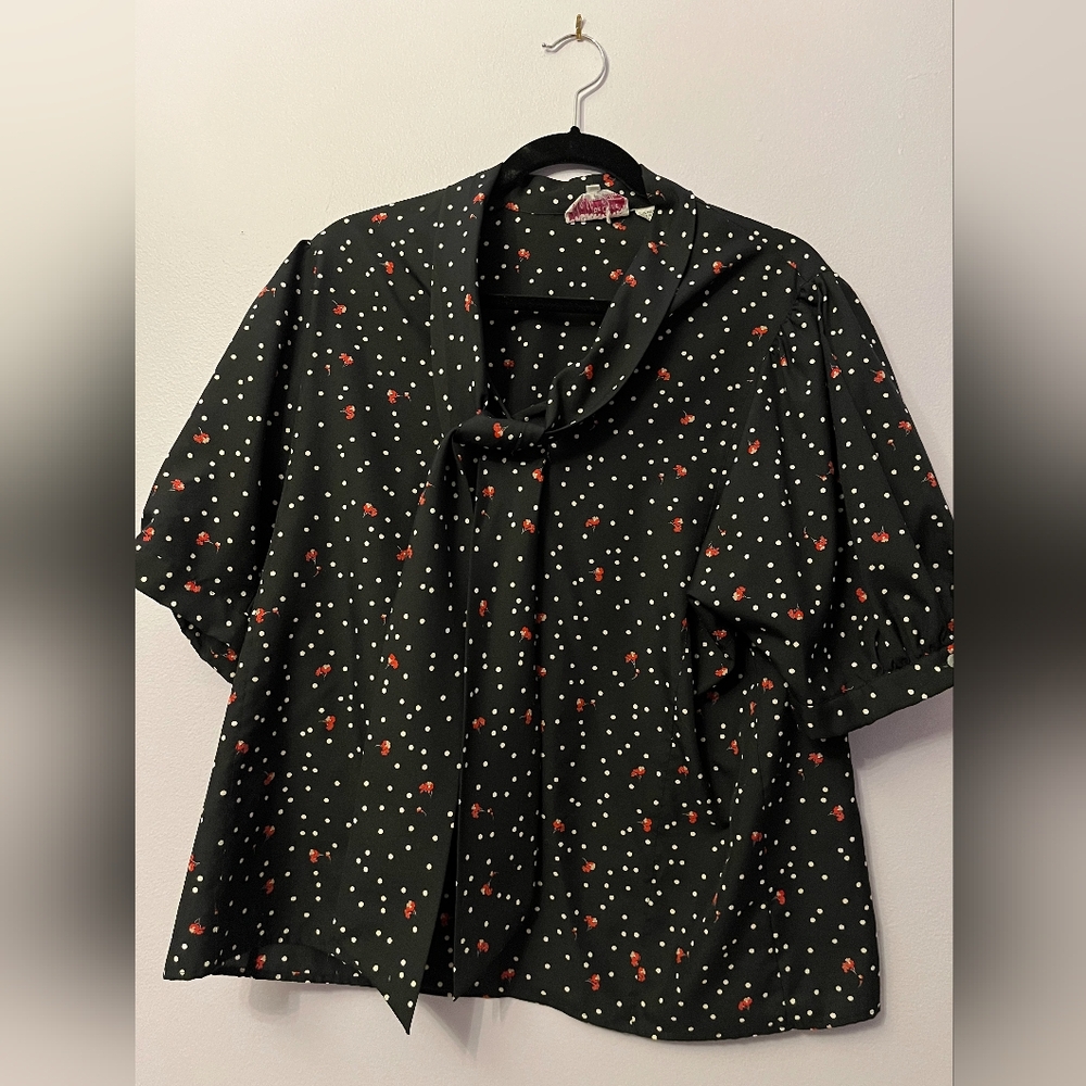Vintage Black and white with red flower blouse